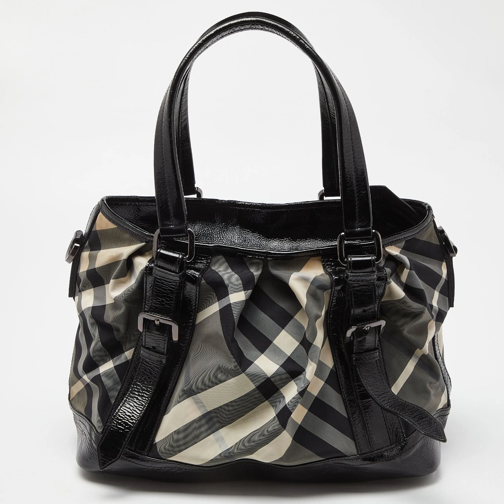 Black/Grey Beat Check Canvas and Patent Leather Lowry Tote