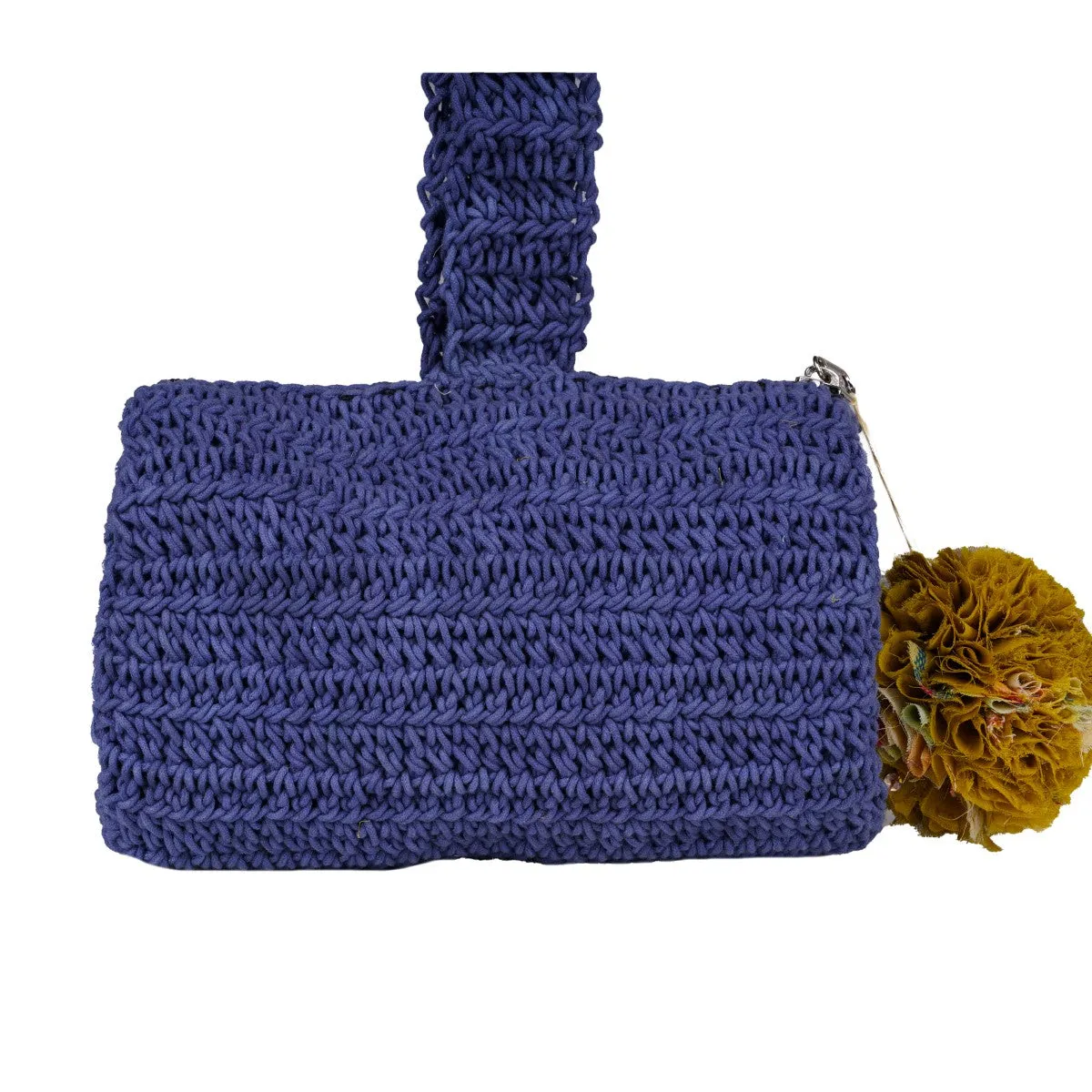 Blue Wrist Bag with Pompom | Hand-Crafted & Crochet | Cotton | Navy Blue