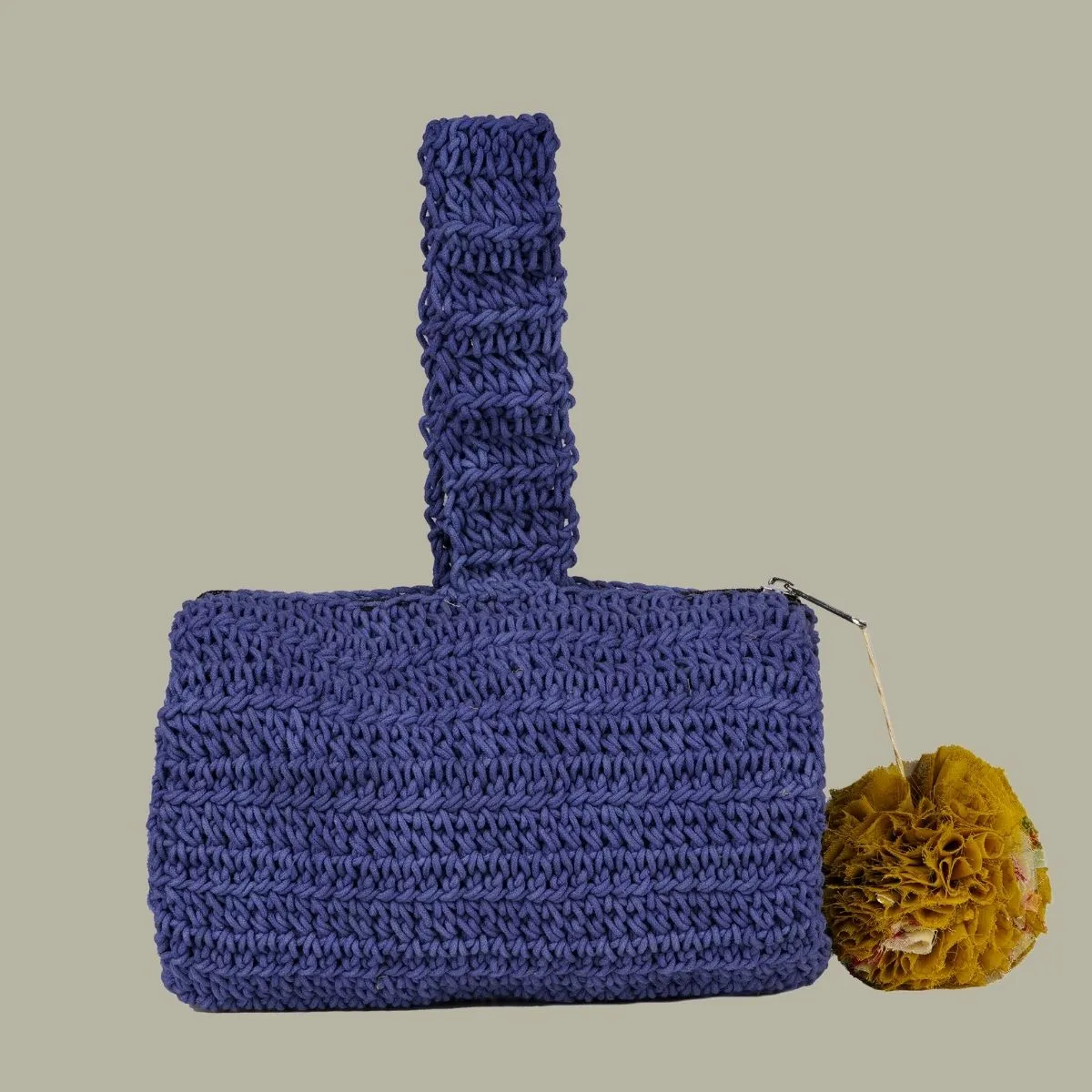 Blue Wrist Bag with Pompom | Hand-Crafted & Crochet | Cotton | Navy Blue