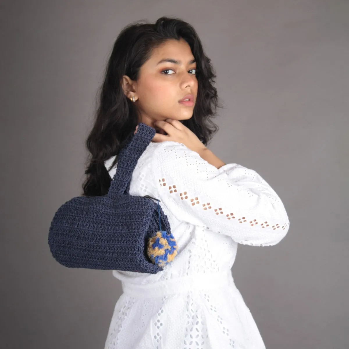 Blue Wrist Bag with Pompom | Hand-Crafted & Crochet | Cotton | Navy Blue