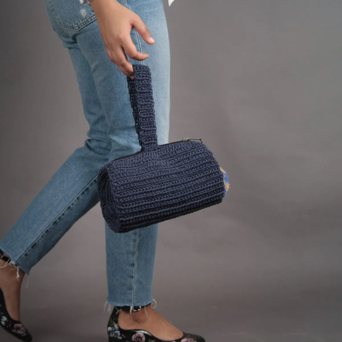 Blue Wrist Bag with Pompom | Hand-Crafted & Crochet | Cotton | Navy Blue
