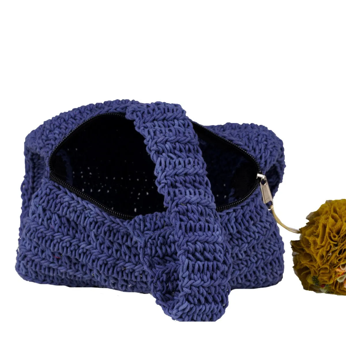 Blue Wrist Bag with Pompom | Hand-Crafted & Crochet | Cotton | Navy Blue