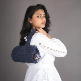 Blue Wrist Bag with Pompom | Hand-Crafted & Crochet | Cotton | Navy Blue