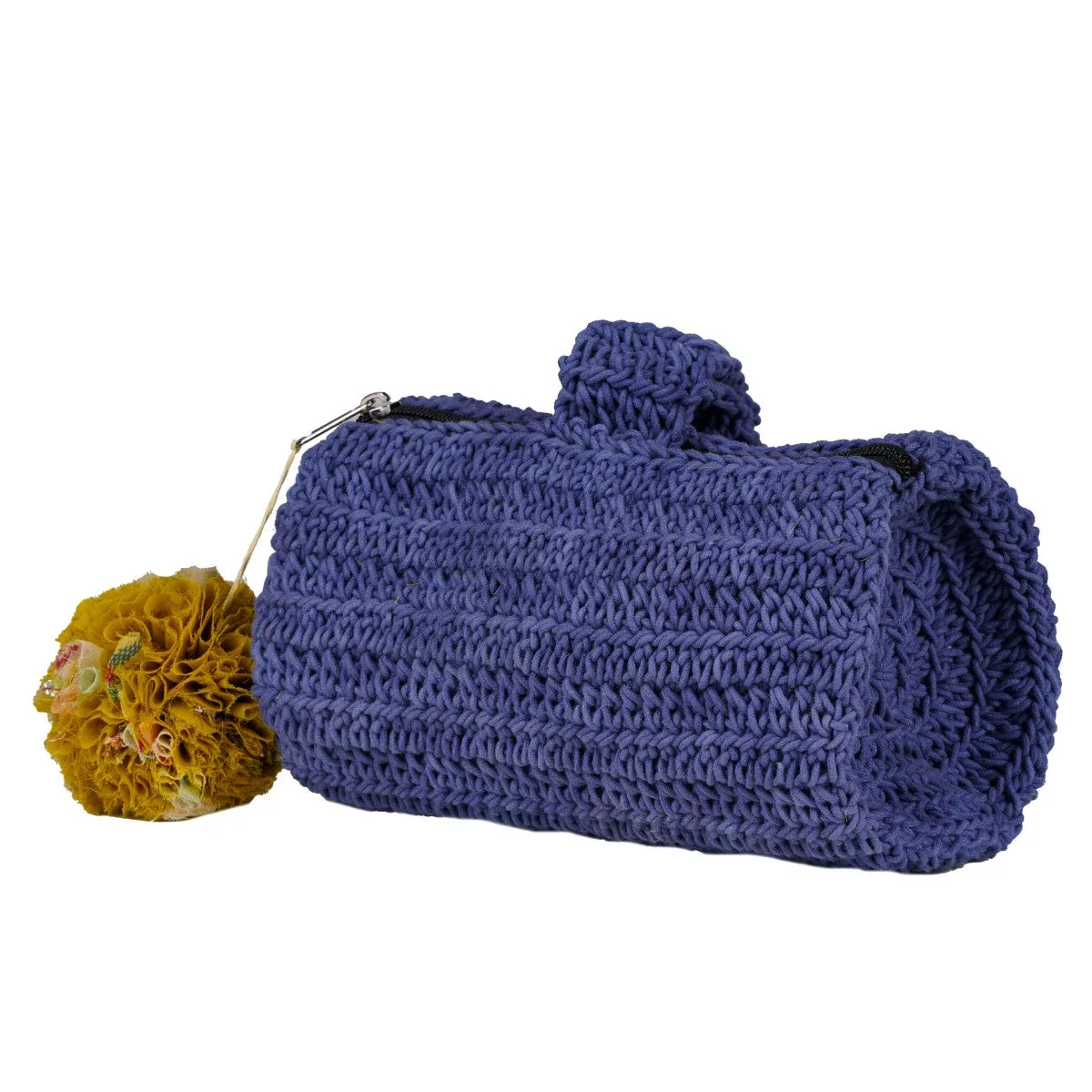 Blue Wrist Bag with Pompom | Hand-Crafted & Crochet | Cotton | Navy Blue