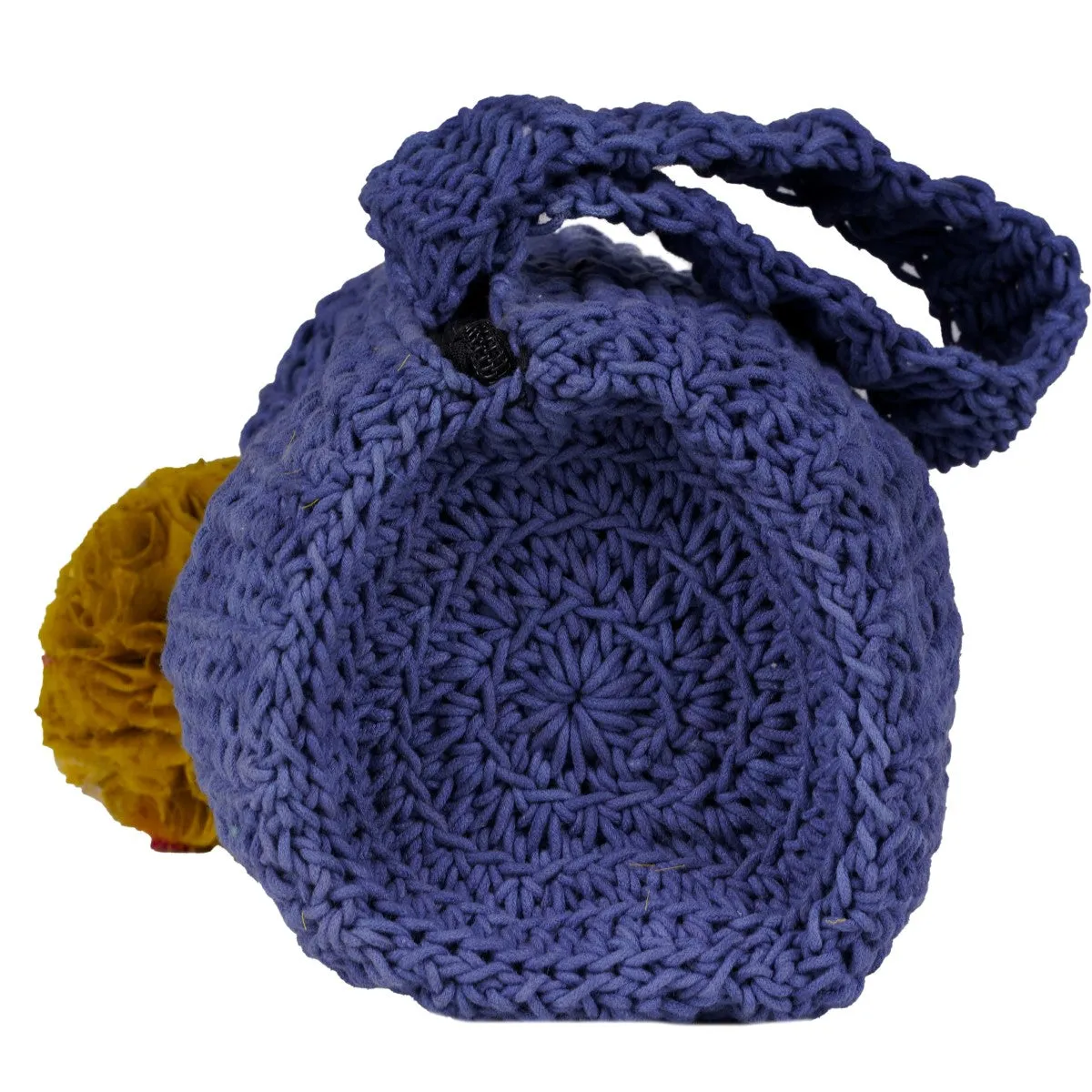 Blue Wrist Bag with Pompom | Hand-Crafted & Crochet | Cotton | Navy Blue