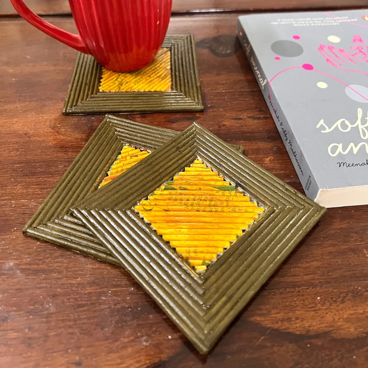 Brown & Ochre Square Coasters | Durable Artistic | Table Ware | Set of 6