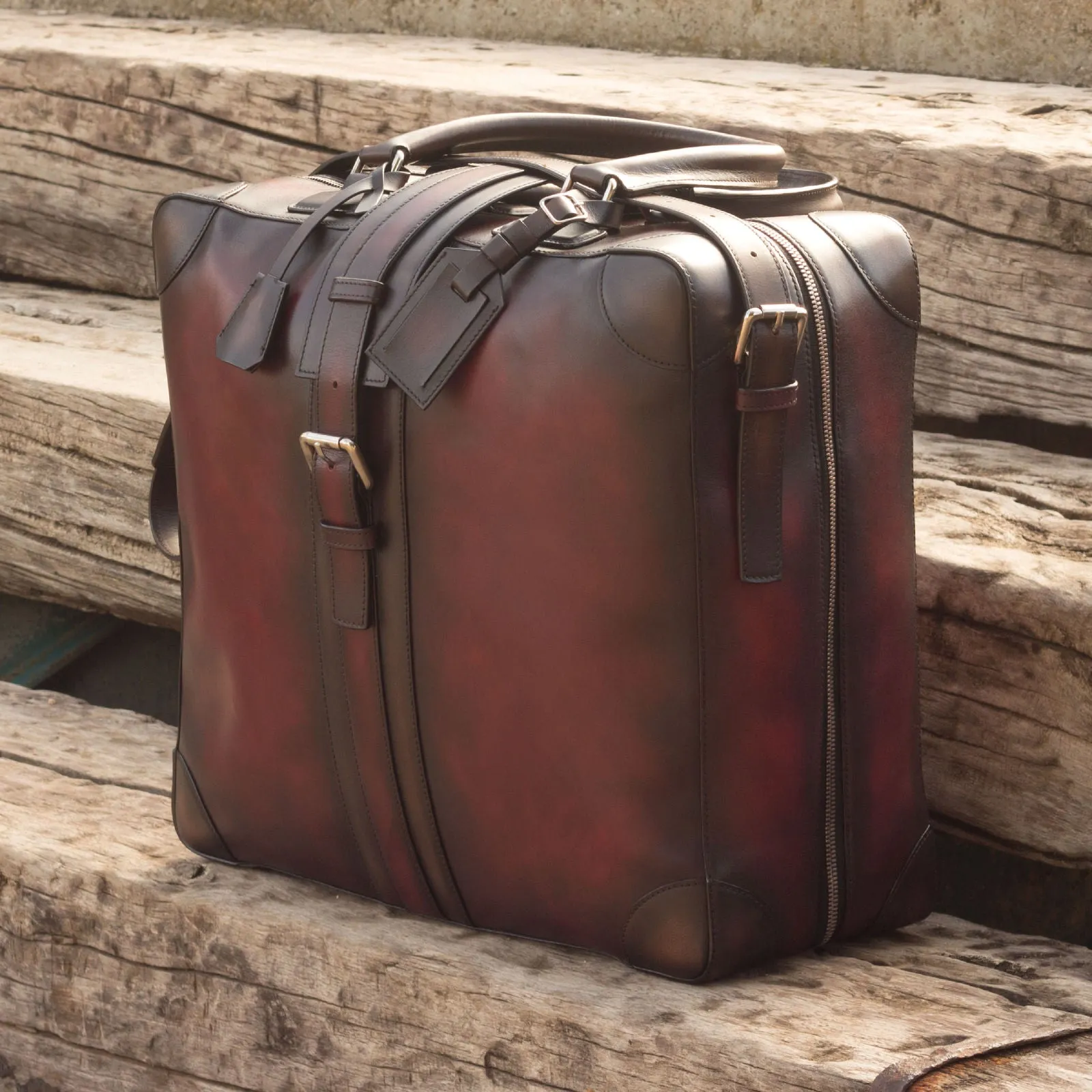 DapperFam Luxe Men's Travel Tote in Burgundy Painted Calf