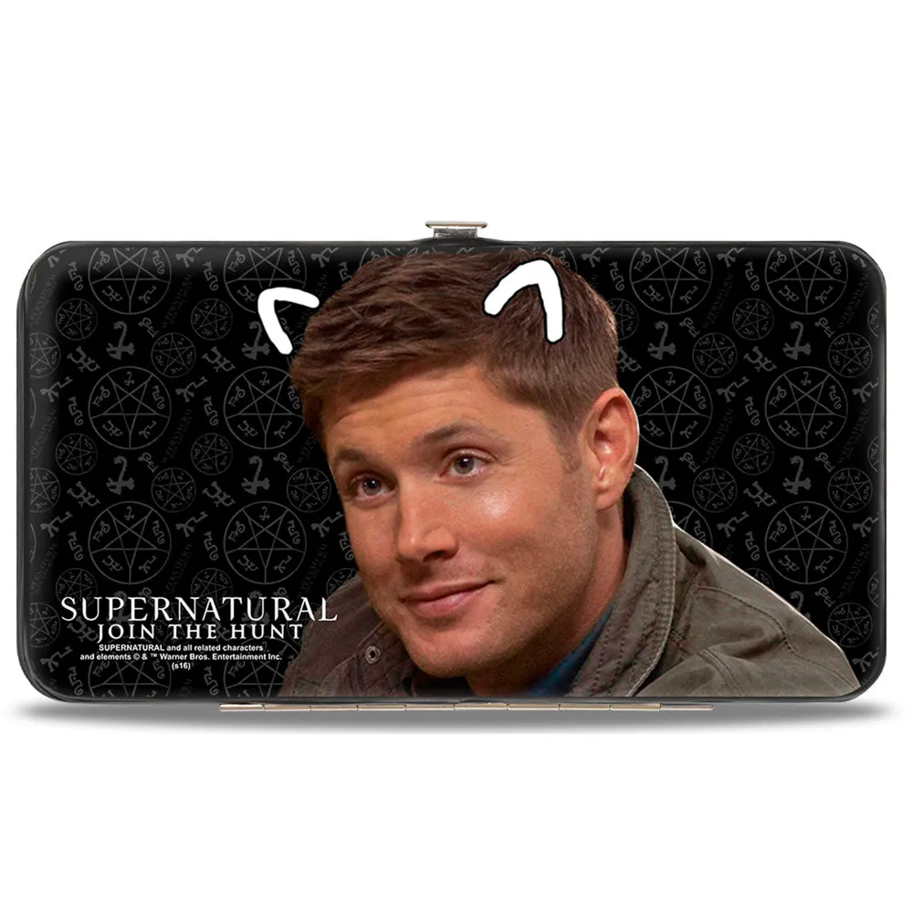 Hinged Wallet - SUPERNATURAL Sam Moose   Dean Sqirrel Poses Scattered Symbols Black Gray White