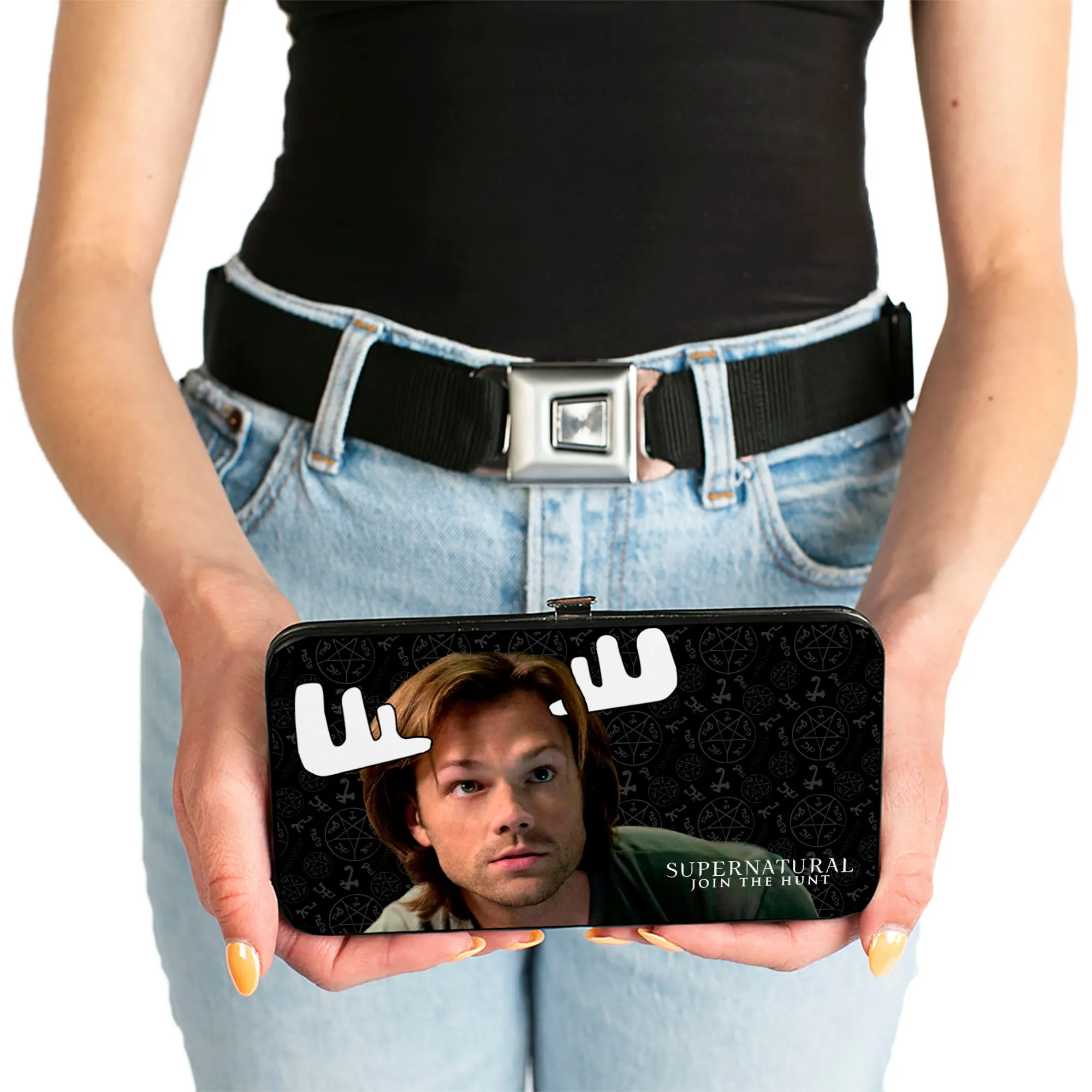 Hinged Wallet - SUPERNATURAL Sam Moose   Dean Sqirrel Poses Scattered Symbols Black Gray White