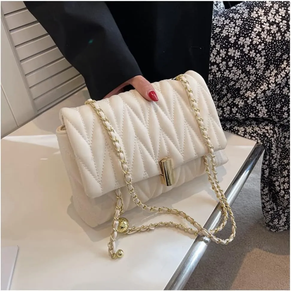Stylish Quilted Leather Chain Shoulder Bag for Women - Fashionable Flap Crossbody Handbag & Clutch (White)