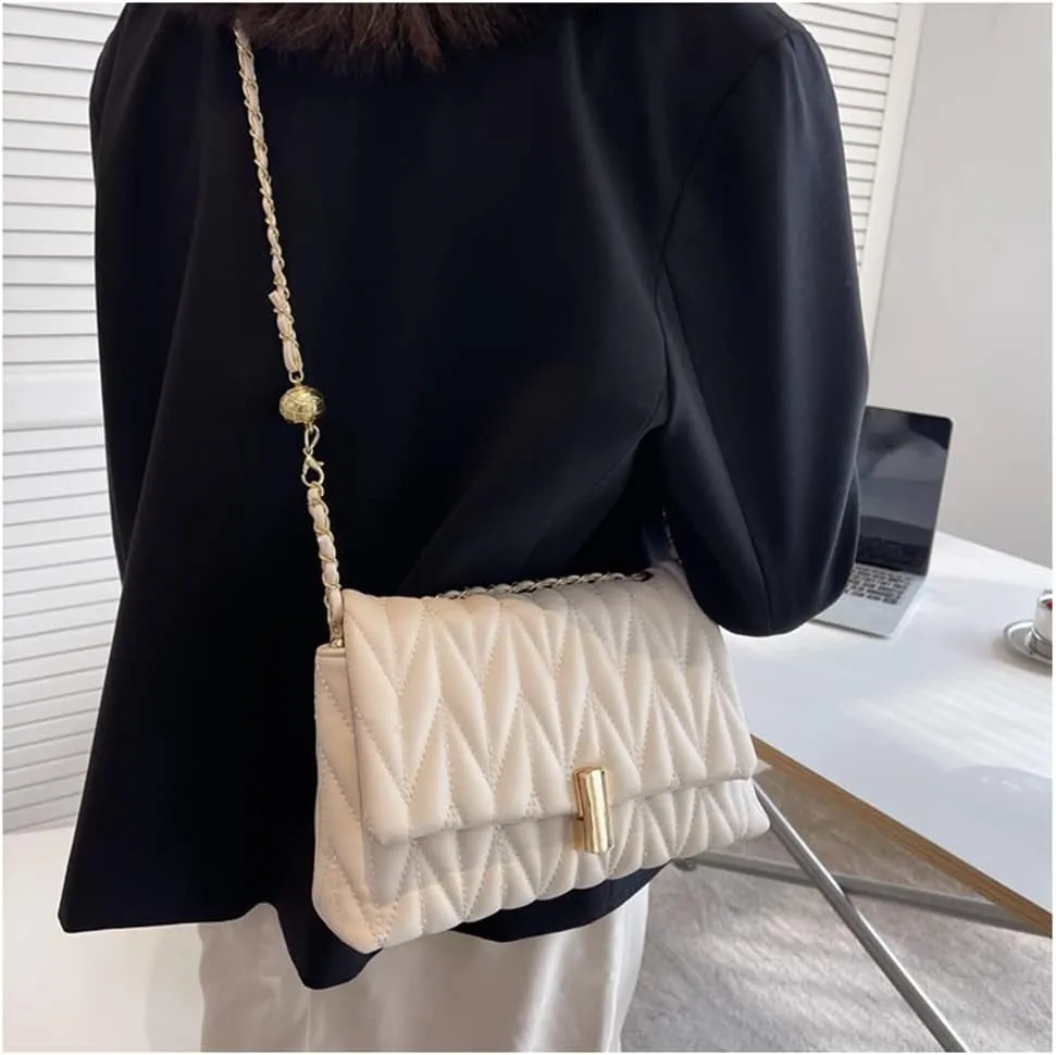 Stylish Quilted Leather Chain Shoulder Bag for Women - Fashionable Flap Crossbody Handbag & Clutch (White)