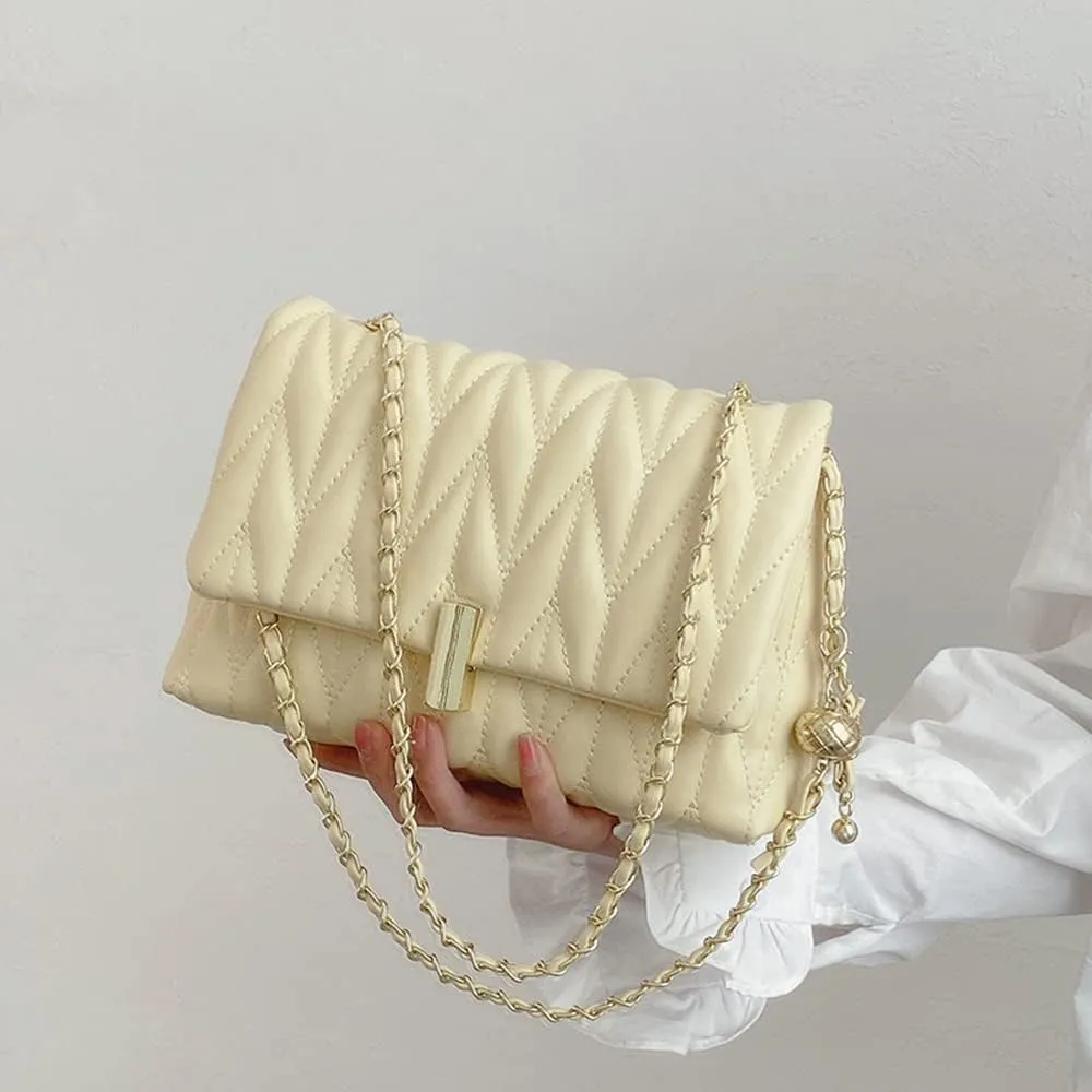 Stylish Quilted Leather Chain Shoulder Bag for Women - Fashionable Flap Crossbody Handbag & Clutch (White)
