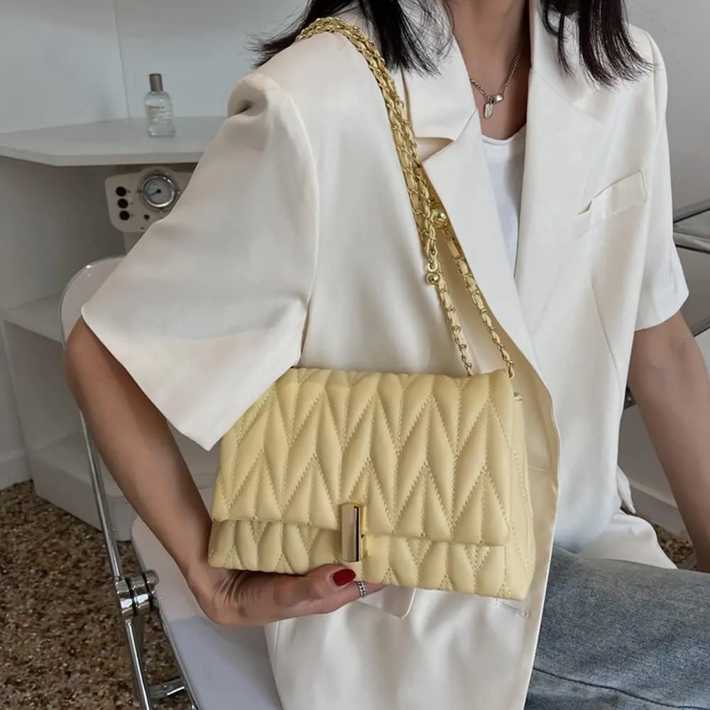 Stylish Quilted Leather Chain Shoulder Bag for Women - Fashionable Flap Crossbody Handbag & Clutch (White)