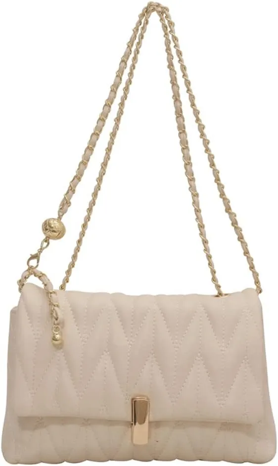 Stylish Quilted Leather Chain Shoulder Bag for Women - Fashionable Flap Crossbody Handbag & Clutch (White)