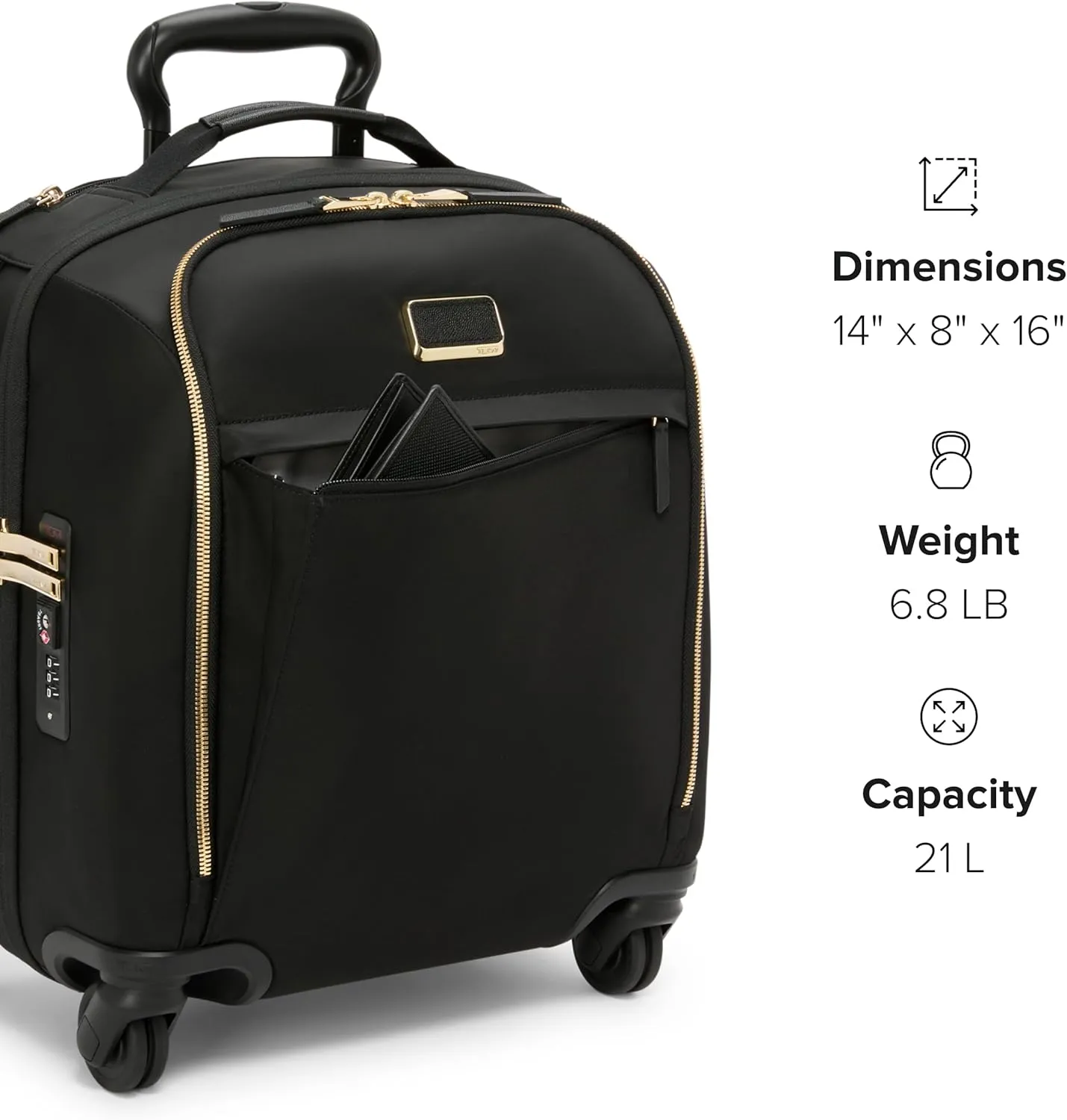 TUMI - Voyageur Leger 4 Wheel Carry-On Luggage - Lightweight and Spacious, Sleek Silhouette, Durable Women's Suitcase - 16" Compact Carry-On, Black with Gold Hardware