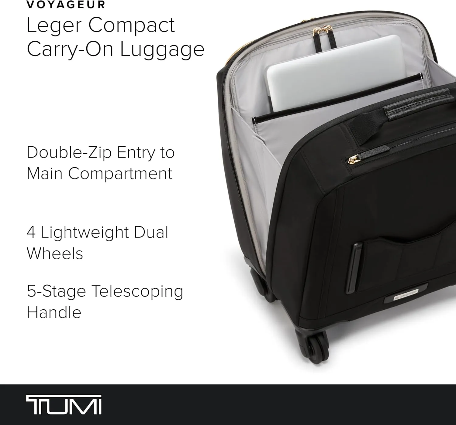 TUMI - Voyageur Leger 4 Wheel Carry-On Luggage - Lightweight and Spacious, Sleek Silhouette, Durable Women's Suitcase - 16" Compact Carry-On, Black with Gold Hardware