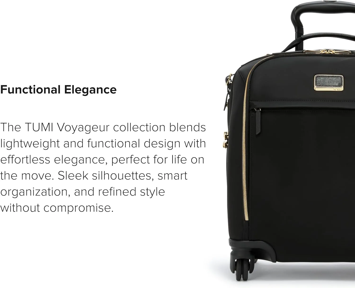 TUMI - Voyageur Leger 4 Wheel Carry-On Luggage - Lightweight and Spacious, Sleek Silhouette, Durable Women's Suitcase - 16" Compact Carry-On, Black with Gold Hardware