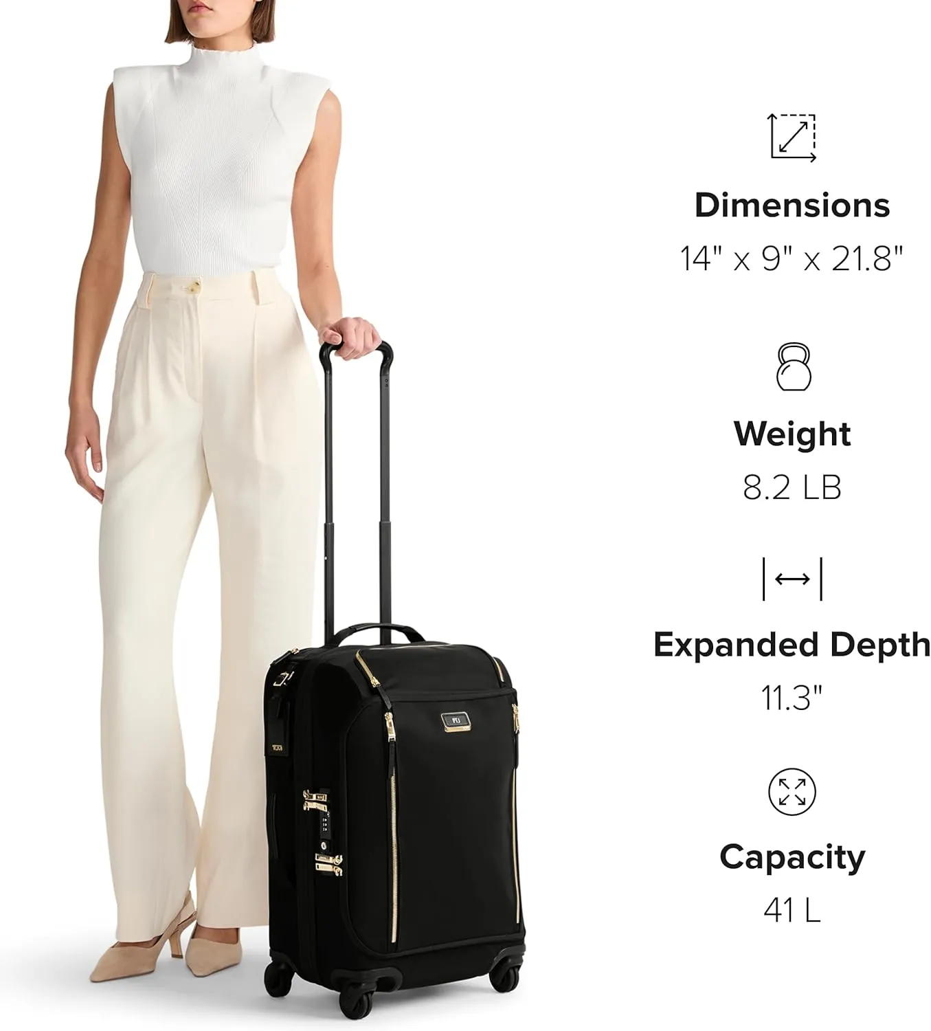 TUMI - Voyageur Leger 4 Wheel Carry-On Luggage - Lightweight and Spacious, Sleek Silhouette, Durable Women's Suitcase - 16" Compact Carry-On, Black with Gold Hardware