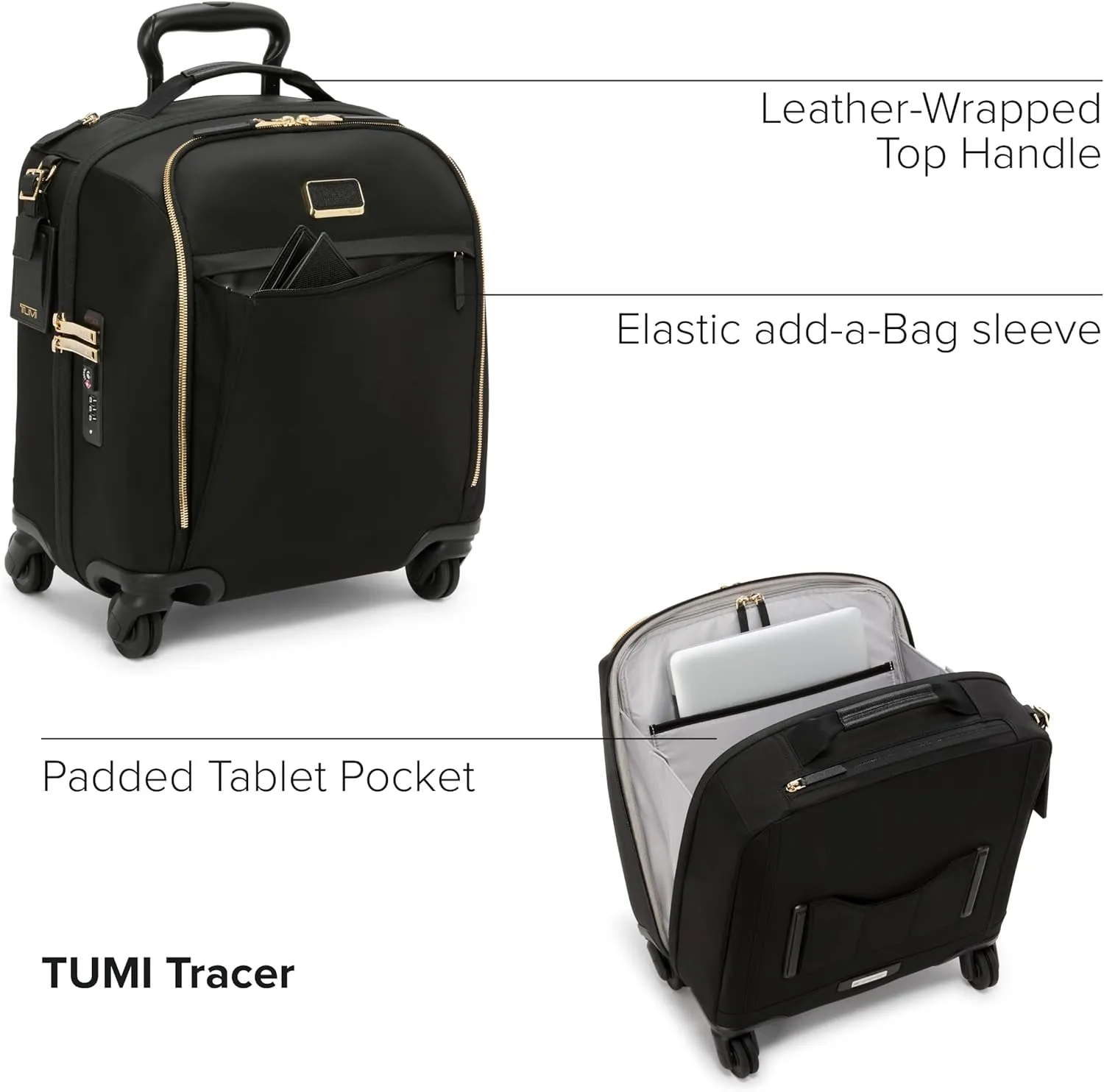 TUMI - Voyageur Leger 4 Wheel Carry-On Luggage - Lightweight and Spacious, Sleek Silhouette, Durable Women's Suitcase - 16" Compact Carry-On, Black with Gold Hardware