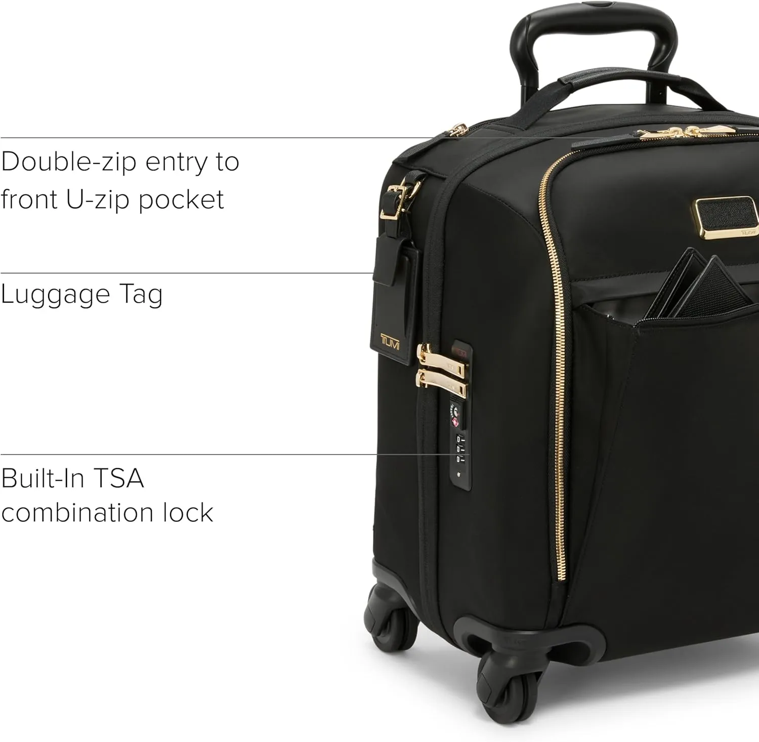 TUMI - Voyageur Leger 4 Wheel Carry-On Luggage - Lightweight and Spacious, Sleek Silhouette, Durable Women's Suitcase - 16" Compact Carry-On, Black with Gold Hardware
